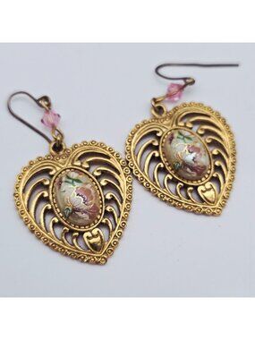 1940s Victorian Revival Porcelain Floral Heart Shaped Earrings 2"